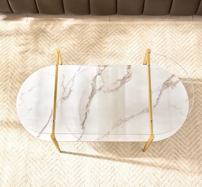 AGV LIGHTING Oval Rectangle Coffee Table with Clear Glass Top, Modern Coffee Table, White Marble MDF Shelf and Glod Metal Legs, Capsule Shape 2 Tier Coffee Table for Living Room, 42 Inch