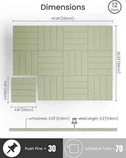 Bumusty Large Cork Board Alternative-47 x35 Felt Bulletin Board Tiles, with 30 Pushpins, 70 Adhesive Tabs, 12-Pack Slat Wall Paneling, Cork Boards for Office Push Pin Board Felt Board-Sage