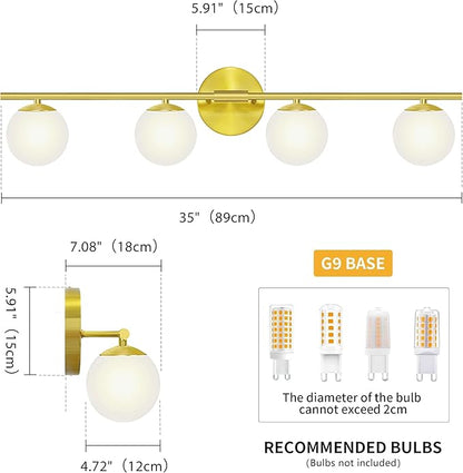 New Bathroom Vanity Light Fixtures Brushed Bronze Milk White Globe Glass Shade Modern Wall Bar Sconce Over Mirror (Brushed Brass, 4T)