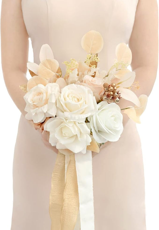 Ling's moment Artificial Flowers Boho Bridesmaid Bouquet, White Beige Wedding Flowers Bouquets for Bridesmaids, 7 Inch Bridal Bouquets for Bridesmaids, Wedding, Ceremony, Anniversary, etc