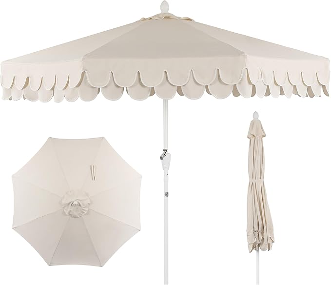 JONATHAN Y UMB1002C Tracy 9 ft. Classic MidCentury Scalloped Fringe Market Patio Umbrella with Auto-Tilt, Crank, Wind Vent and UV Protection in Cream/White