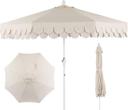 JONATHAN Y UMB1002C Tracy 9 ft. Classic MidCentury Scalloped Fringe Market Patio Umbrella with Auto-Tilt, Crank, Wind Vent and UV Protection in Cream/White