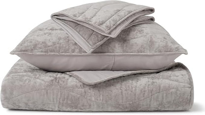 EVERGRACE Luxury Velvet Quilt Queen Size, Ultra Soft Wave Crushed Velvet Bedding Set, Lightweight Quilted Comforter Set for All Season, Oversized Bedspread Coverlet with 2 Shams, Silver Gray