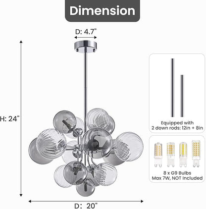 Mid Century Bubble Chandelier 8-Light 24in Globe Sputnik Pendant Light Fixture Modern Silver Chandeliers with 15 Bubbles LIght Fixtures for Dining Room Kitchen Living Room Bedroom Entryway Foyer