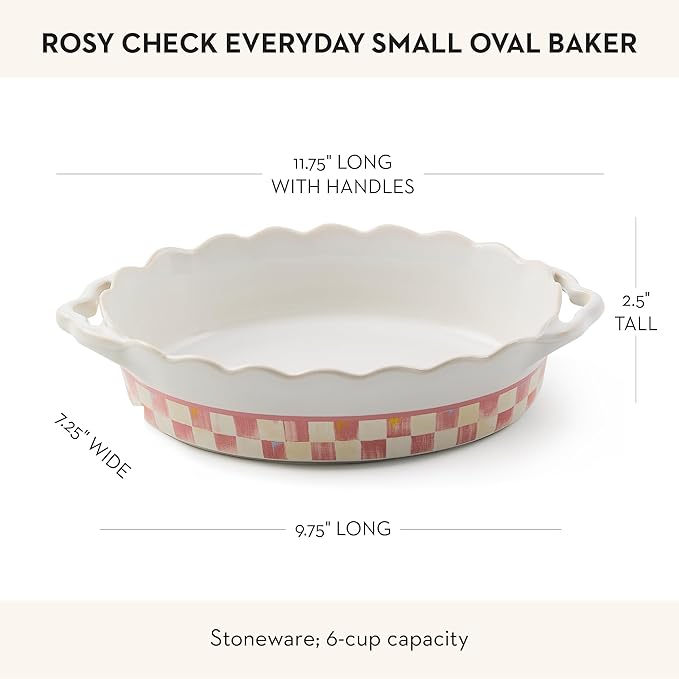 MACKENZIE-CHILDS Everyday Oval Casserole Baker, Cute Oven Baker, Small, Pink-and-White Rosy Check