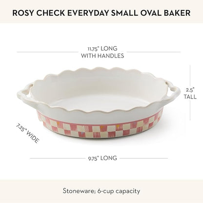 MACKENZIE-CHILDS Everyday Oval Casserole Baker, Cute Oven Baker, Small, Pink-and-White Rosy Check