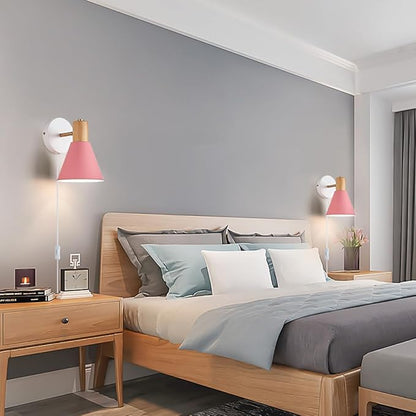 Plug in Wall Sconces Lighting Fixture Pack of 2, Wooden Adjustable Pink Bedside Wall lamp for Industrial Bedroom, Bathroom Sink Lighting (Plug-in Pink)