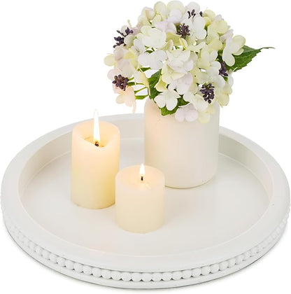 Hanobe Decorative Tray: White Beaded Round Serving Tray Modern Farmhouse Wooden Circle Centerpiece Tray Decor for Home Living Dining Room Kitchen Counter Bathroom