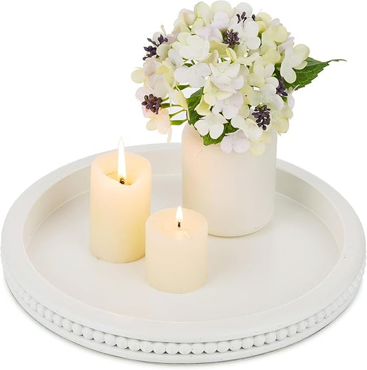 Hanobe Decorative Tray: White Beaded Round Serving Tray Modern Farmhouse Wooden Circle Centerpiece Tray Decor for Home Living Dining Room Kitchen Counter Bathroom