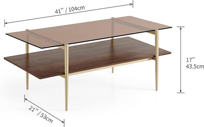AGV LIGHTING Tadio Glass Coffee Table, Mid-Century Modern Coffee Table for Living Room, Gold Finish Leg, Coffee Brown Glass Top & Walnut Shelf, 41 in Length