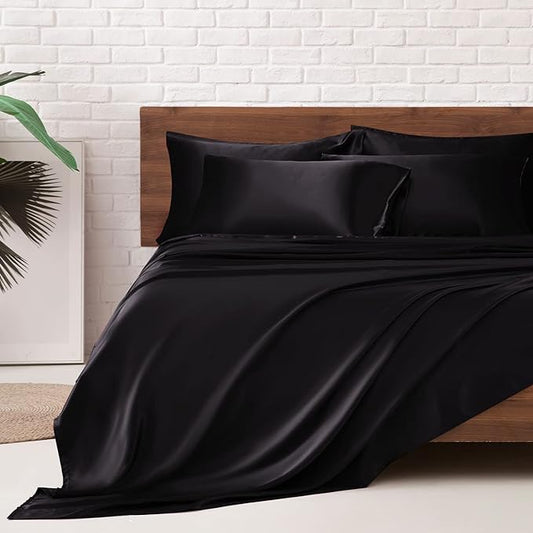 MR&HM Satin Bed Sheets, Queen Size Sheets Set, 6 Pcs Silky Bedding Set with 15 Inches Deep Pocket for Mattress (Queen, Black)