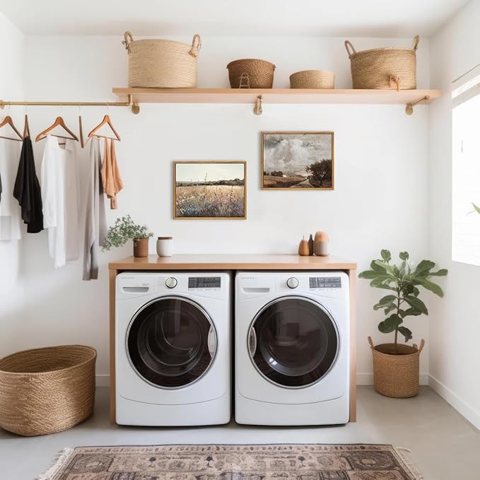 KBKBART Framed Vintage Wall Art Prints, Retro European Country Autumn Wildflower Field Landscape Canvas Painting Farmhouse Decor, Rustic Antique Framed Canvas Wall Art for Bathroom, Bedroom, Living