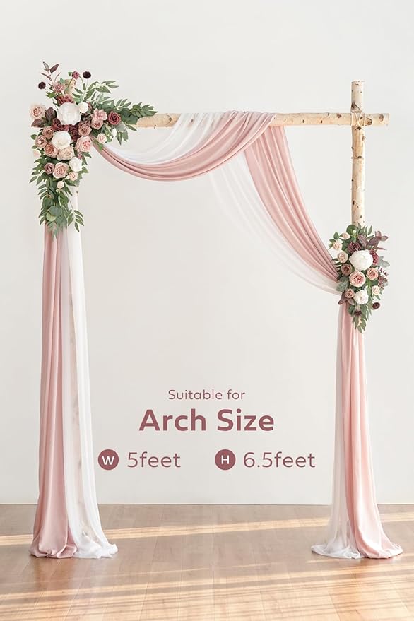 Ling's Moment Pink Mauve Artificial Wedding Arch Flowers Kit Pack of 4, 2pcs Hanging Flower Arrangement 2pcs Chiffon Drapes Spring Ceremony Reception Fake Rose Arbor Backdrop Floral Outdoor Decor