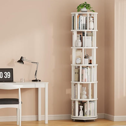 Solid Wood Rotating Bookshelf on Wheels, 6 Tier, Round Revolving Bookcase, 360° Spinning Book Shelf Tower for Kids, Narrow Rolling Bookshelves for Small Space, Corner, Bedroom, Office, White