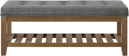 24KF Large Rectangular Upholstered Tufted Linen Fabric Ottoman Bench, Padded Bench with Solid Wood Shelf-Granite