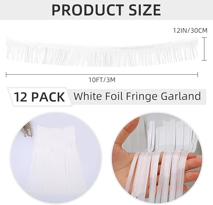 12 Pack 10 Feet Metallic Foil Fringe Garland Tinsel Streamers Banner, White Wall Hanging Tinsel Fringe Banners for Parade Floats, Wedding, Birthday, Christmas, New Year Party Decorations