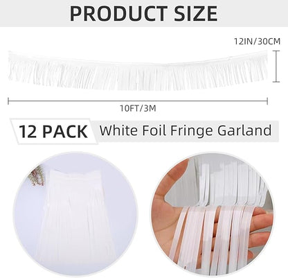12 Pack 10 Feet Metallic Foil Fringe Garland Tinsel Streamers Banner, White Wall Hanging Tinsel Fringe Banners for Parade Floats, Wedding, Birthday, Christmas, New Year Party Decorations