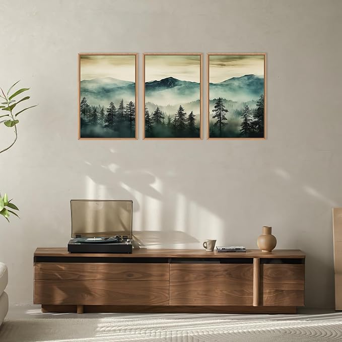 HOURIA Large Boho Mountain Forest Framed Canvas Wall Art Set,Nature Foggy Woodland Wall Decor,Modern Pine Tree Artwork,Watercolor Botanical Art Print for Living Room,Bedroom,Farmhouse- 16"x24"x3