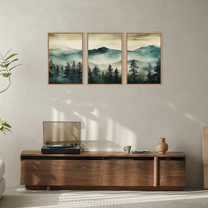 HOURIA Large Boho Mountain Forest Framed Canvas Wall Art Set,Nature Foggy Woodland Wall Decor,Modern Pine Tree Artwork,Watercolor Botanical Art Print for Living Room,Bedroom,Farmhouse- 16"x24"x3