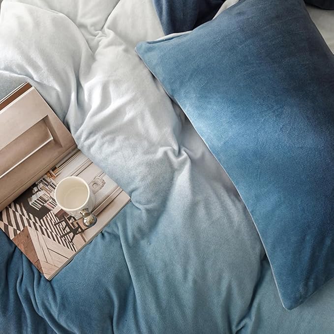 CLOTHKNOW Blue White Fluffy Comforter Sets Twin/Twin XL Dark Blue Velvet Bedding Comforter Sets Blue White Bedding Sets Soft