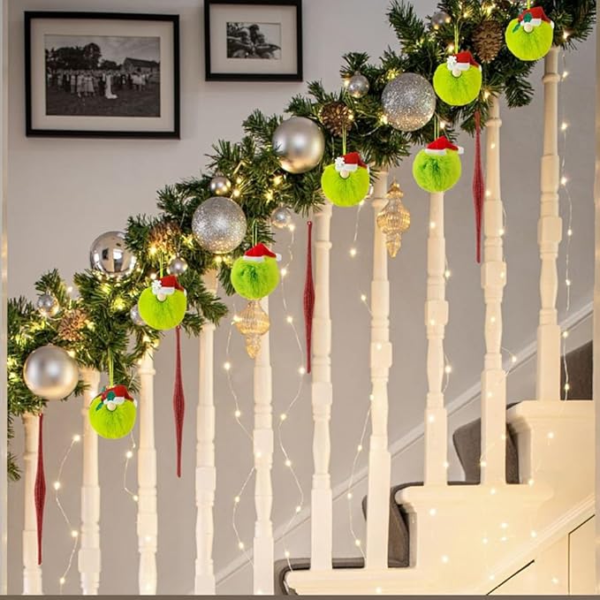 12 Pcs Green Furry Christmas Ball Ornaments,2.4 in Lime Green Plush Ball Hanging Ornaments with Red Santa Hat,Snowman and Leaf,Elf Xmas Hanging Baubles,Soft Faux Fur Pom Pom Ball Decor for Tree