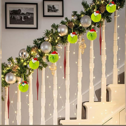 12 Pcs Green Furry Christmas Ball Ornaments,2.4 in Lime Green Plush Ball Hanging Ornaments with Red Santa Hat,Snowman and Leaf,Elf Xmas Hanging Baubles,Soft Faux Fur Pom Pom Ball Decor for Tree