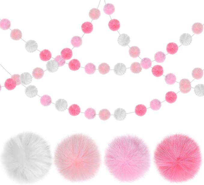 2 Pack Large Pom Poms Garland Hanging Decorations Colorful Soft Faux Rabbit Fur Ball Garland for Easter Xmas Holiday Wedding Baby Shower Birthday Party Supplies(Pink,2.36 Inch)