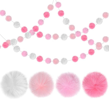 2 Pack Large Pom Poms Garland Hanging Decorations Colorful Soft Faux Rabbit Fur Ball Garland for Easter Xmas Holiday Wedding Baby Shower Birthday Party Supplies(Pink,2.36 Inch)