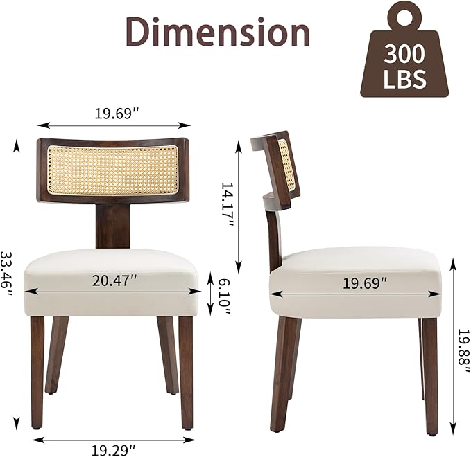 Upholstered Rattan Dining Chairs Set of 4, Mid-Century Modern Fabric Dining Room Chair with Brown Hardwood Frame, Curved Backrest Kitchen Chairs for Living Room (Cream)