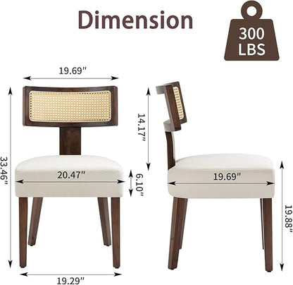 Upholstered Rattan Dining Chairs Set of 4, Mid-Century Modern Fabric Dining Room Chair with Brown Hardwood Frame, Curved Backrest Kitchen Chairs for Living Room (Cream)
