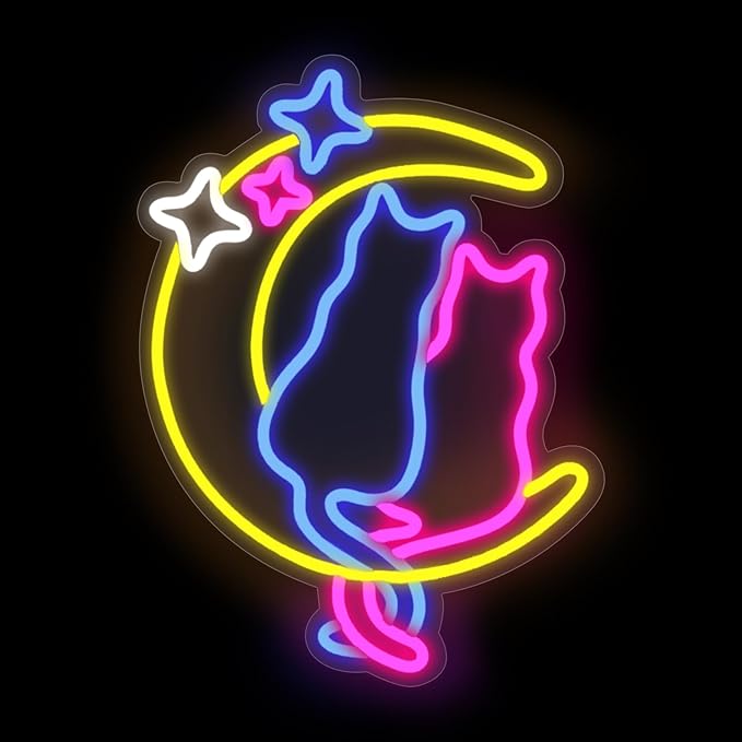 Moon Cat Neon Signs for Wall Decor Neon Lights for Bedroom Led Signs for Man Cave Bar Pub Kids Room Restaurant Christmas Birthday Party Pet Shop Gifts Led Art Wall Decorations