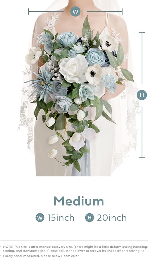 Ling's moment Dusty Blue Bridal Bouquet Cascading, Wedding Bouquets for Bride, 15 Inch Bride Bouquets for Wedding Artificial Flowers Bouquets