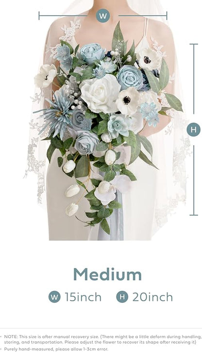 Ling's moment Dusty Blue Bridal Bouquet Cascading, Wedding Bouquets for Bride, 15 Inch Bride Bouquets for Wedding Artificial Flowers Bouquets
