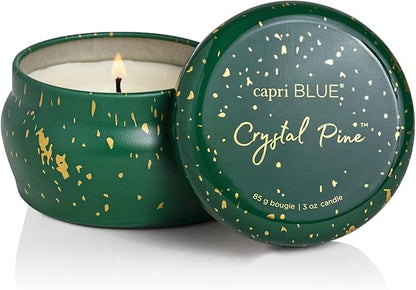Capri Blue Glimmer Mini Tin - Crystal Pine Scented Candle with Mini Tin Candle - Soy Wax Blend - Capri Blue Crystal Pine Emerald Green and Gold (3 oz)
