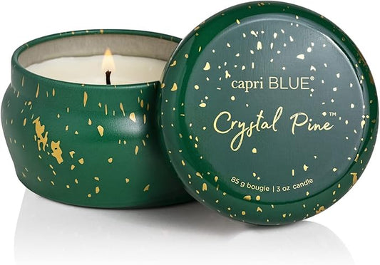 Capri Blue Glimmer Mini Tin - Crystal Pine Scented Candle with Mini Tin Candle - Soy Wax Blend - Capri Blue Crystal Pine Emerald Green and Gold (3 oz)