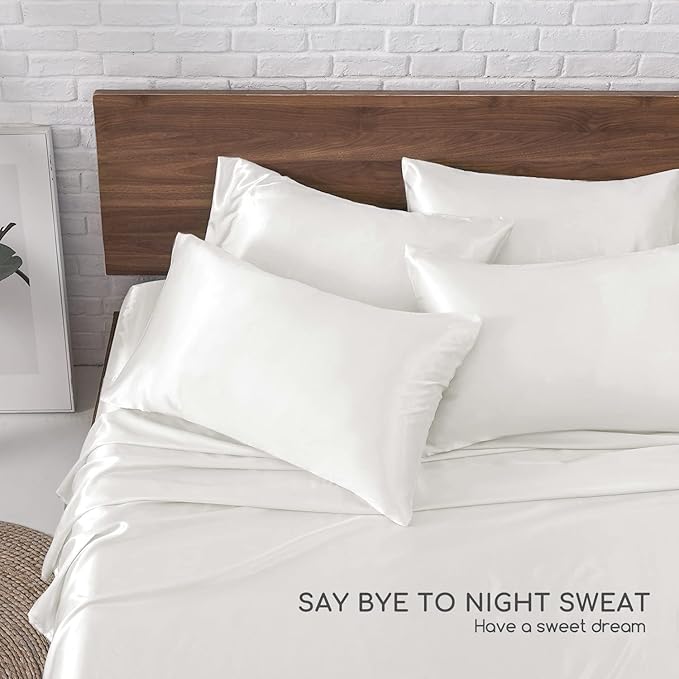 MR&HM Satin Bed Sheets, Full Size Sheets Set, 6 Pcs Silky Bedding Set with 15 Inches Deep Pocket for Mattress (Full, Ivory)