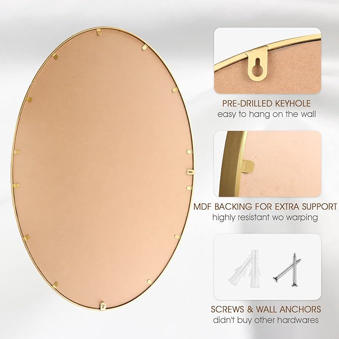 Oval Wall Mirror for Bathroom, 26"x39" Antique Gold Metal Beaded Frame Decorative Accent Mirror, Large Hanging Vanity Mirror for Bedroom, Living Room, Entryway