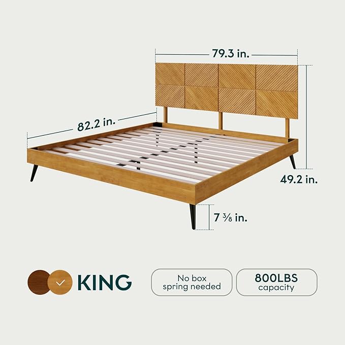 Bme Rhombus King Bed Frame – Solid Acacia Wood with Geometric Rhombus Headboard, Teak Brown Finish, Scandinavian Modern Platform Bed with Sturdy Slats & Metal Legs, No Box Spring Needed