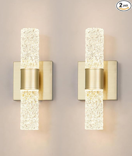 Crystal LED Wall Sconces Set of 2, Brushed Gold Bathroom Light Fixtures, Modern Bathroom Sconce Lights with Wired LED for Bedroom,Living Room,Hallway | Gold Vanity Wall Lighting & Crystal Wall Decor