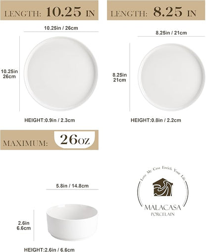 MALACASA 24 Pieces Porcelain Dinnerware Set, Modern White Dish Set for 8, Premium Serving Plates and Bowls Sets, Chip and Scratch Resistant Dishware Sets Kitchen Dishes Dining Ware Set, Series LEAH