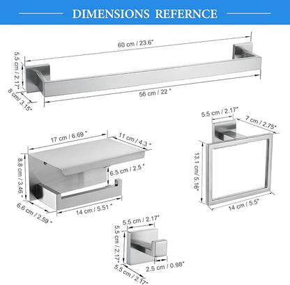 Brushed Nickel Bathroom Towel Bar Set Bathroom Accessories Hardware Set Including Double Towel Bar Towel Ring Coat Hook and Toilet Paper Holder with Shelf. Wall Mounted Stainless Steel
