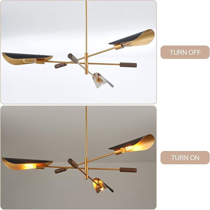 51" Industrial Farmhouse Chandelier with Antique Brass Brush Paint and Matt Black Finish, Wood Pendant Lighting Fixture for Dining Room Living Room Kitchen Island Bedroom 3-Light