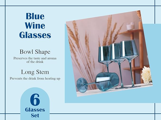 Physkoa colored wine glasses set of 6 hand blown wine glasses (Midnight Blue)