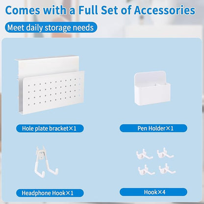 Desk Side Storage with Pen Holder & Hanging Hooks, No Drill Hanging Desk Organizer Under Desk Storage Mount, Clamp-On Laptop Holder Table Side for Office and Home (White)