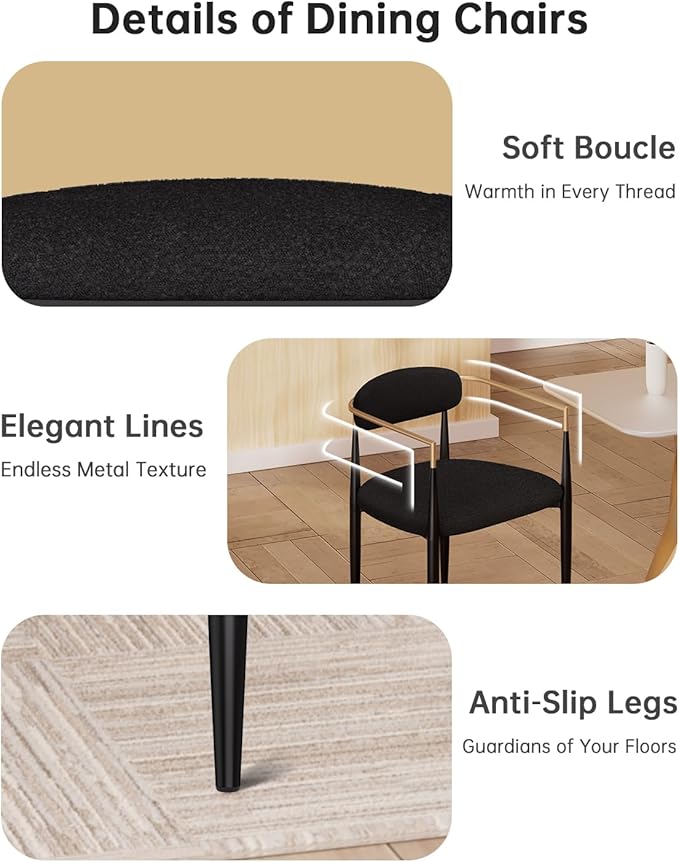 Morden Fort Black Upholstered Dining Chairs Set of 6, Modern Fabric Dining Chairs with Gold Arms and Metal Legs for Kitchen, Living Room and Reception