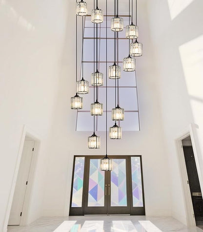 Long Chandeliers for High Ceilings,Modern Crystal Pendant Light,Raindrop Drop Lamp,Hanging Lighting Fixtures for Spiral Staircase,Foyer,Entryway,Living Room,Black (15 Lights)