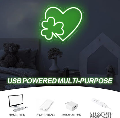 Clover Leaf Heart LED Neon Sign,St. Patrick Shamrock Neon Light, Saint Patricks Day Gift,Lucky Four Leaf Led Sign Wall Hanging For Party Favors, Classroom, Man Cave Bar Pub Home Party Room