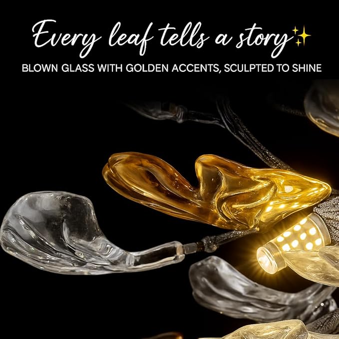 Modern Crystal Chandelier, L47 Rectangle Glass Ginkgo Leaf Chandeliers, Black Tree Branch Chandelier Over Dining 12-Light Farmhouse Chandeliers for Foyer Living Room Kitchen Island