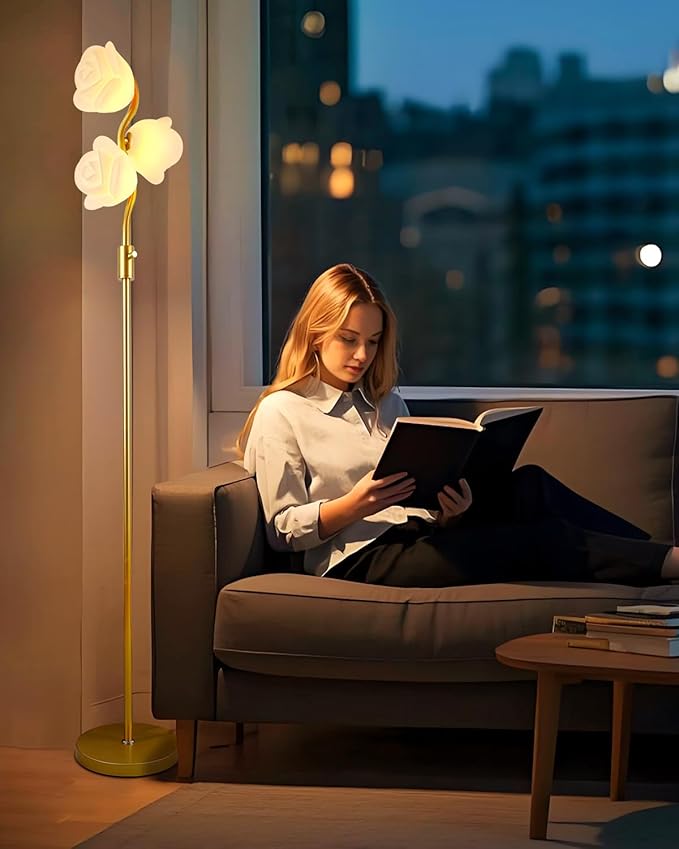 Dimmable Gold Floor Lamp with 3 Flower Lampshades, Modern Floral Standing Lamps with Warm White 3000K Bulbs, Mid Century Floor Lamp for Living Room Bedroom Home Decor