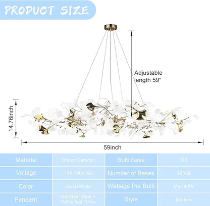 59in Gold Branch Chandelier, Modern White Ginkgo Leaf Chandeliers, Hanging Brass Gold Chandelier Pendant Light Fixture for Living Room, Dining Room 10-Light